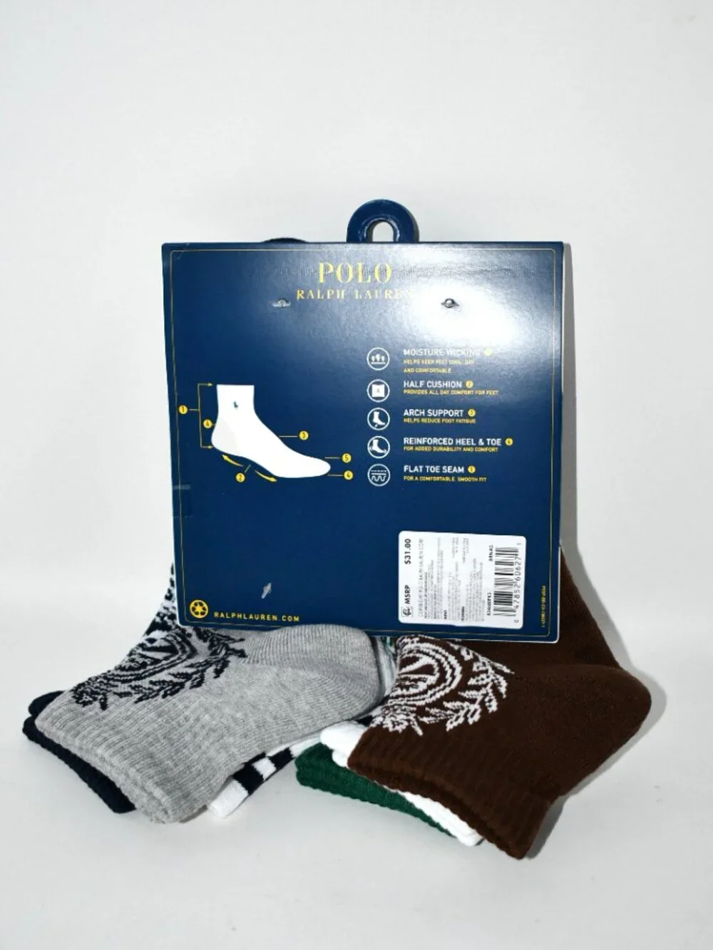 Polo Ralph Lauren 6-pack quarter length socks W RL crest #824680PK3 NWT Details: